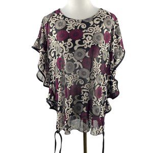 Lavena Blouse Womens XL‎ Sheer Flowy Pullover Geometric Black White Fushia
